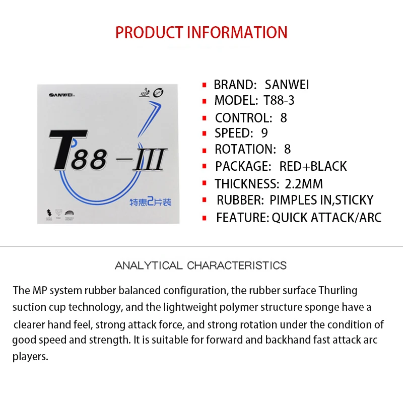 Original SANWEI T88-3 Table Te - đánh giá và giá Table Tennis Forehand Rubber